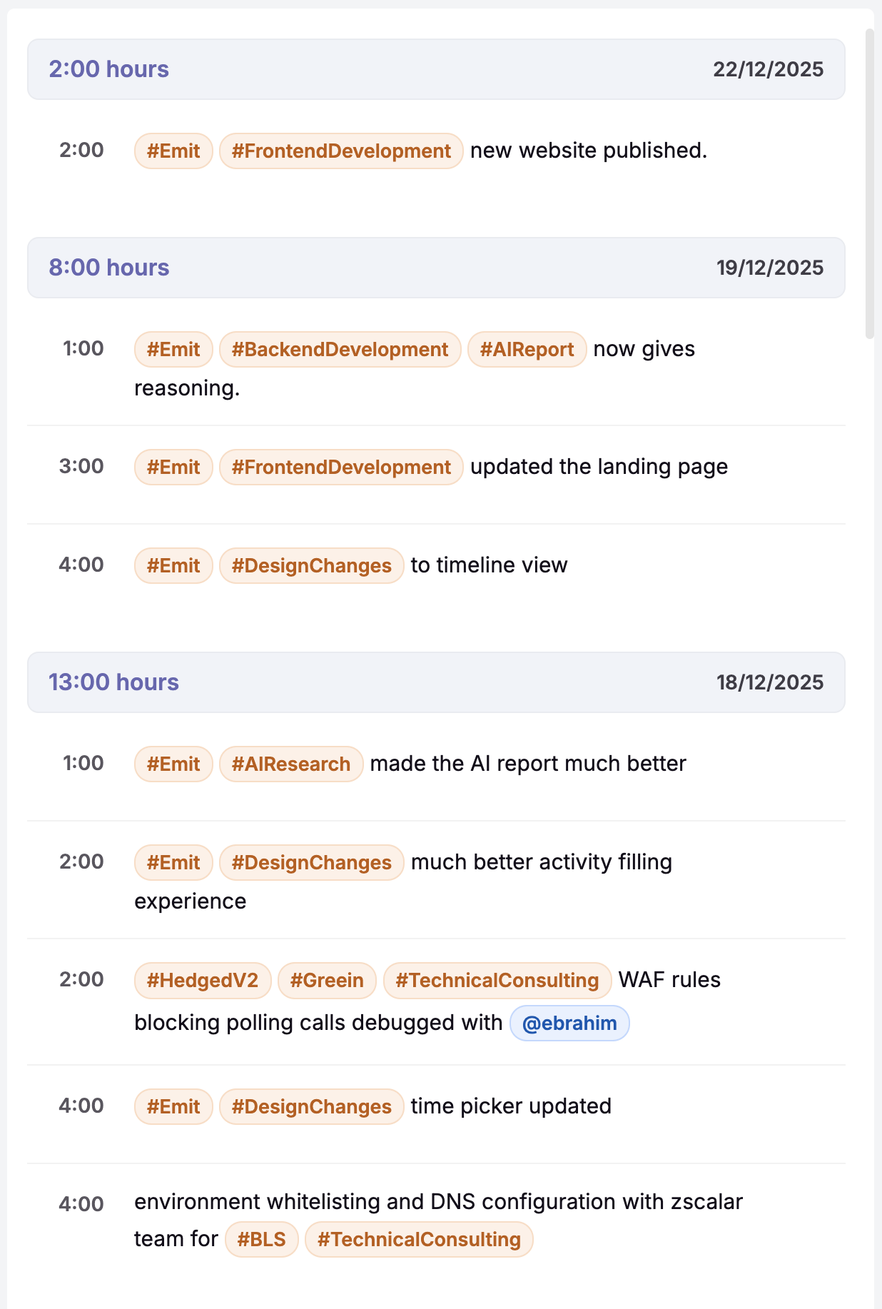 Screenshot of Emit timeline view - See all activities at a glance. Those added you you and others with you tagged in them.